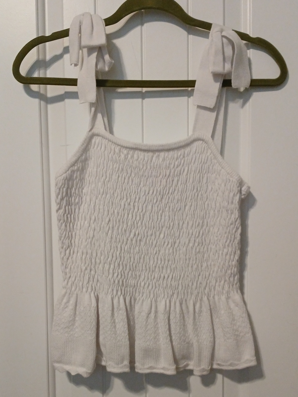 White Smocked Faux Tie-Shoulder Tank Top.